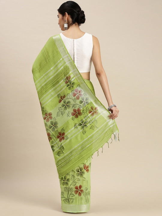 Light Green Festive Wear Printed Linen Saree With Blouse piece