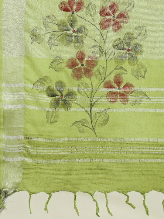 Light Green Festive Wear Printed Linen Saree With Blouse piece