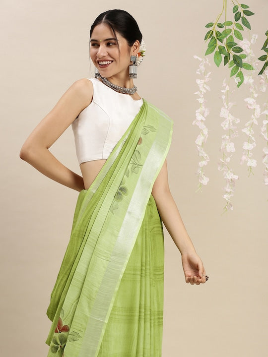 Light Green Festive Wear Printed Linen Saree With Blouse piece