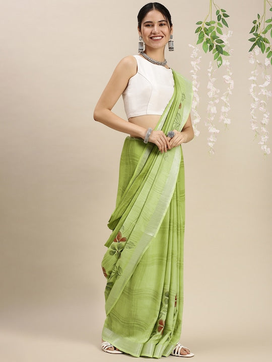 Light Green Festive Wear Printed Linen Saree With Blouse piece