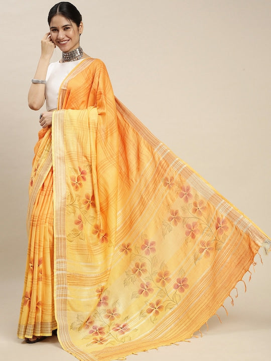 Orange Wedding Wear Printed Linen Saree With Blouse piece