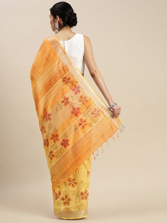 Orange Wedding Wear Printed Linen Saree With Blouse piece