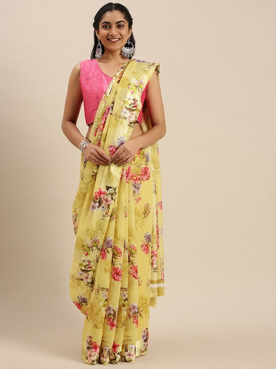 Yellow Wedding Wear Printed Linen Saree With Blouse piece