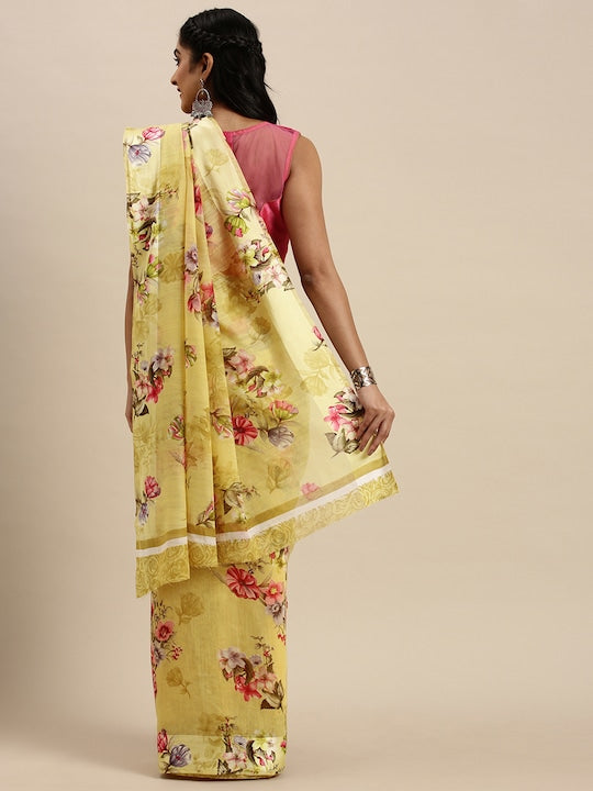 Yellow Wedding Wear Printed Linen Saree With Blouse piece