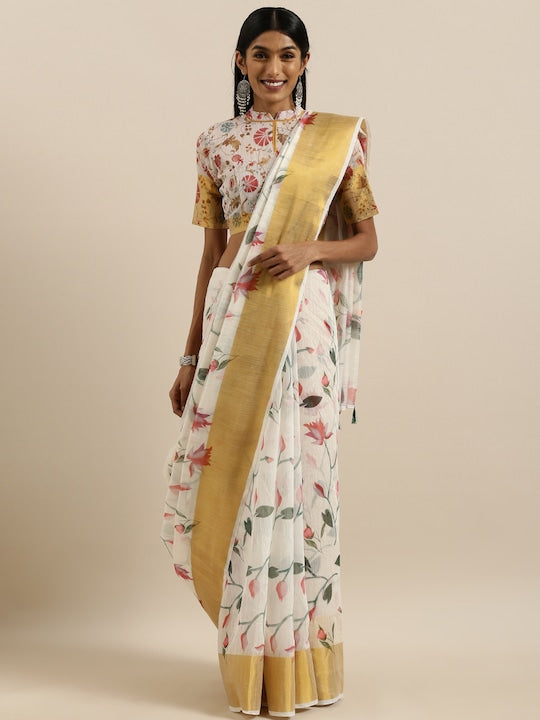 White And Yellow Wedding Wear Printed Linen Saree With Blouse piece