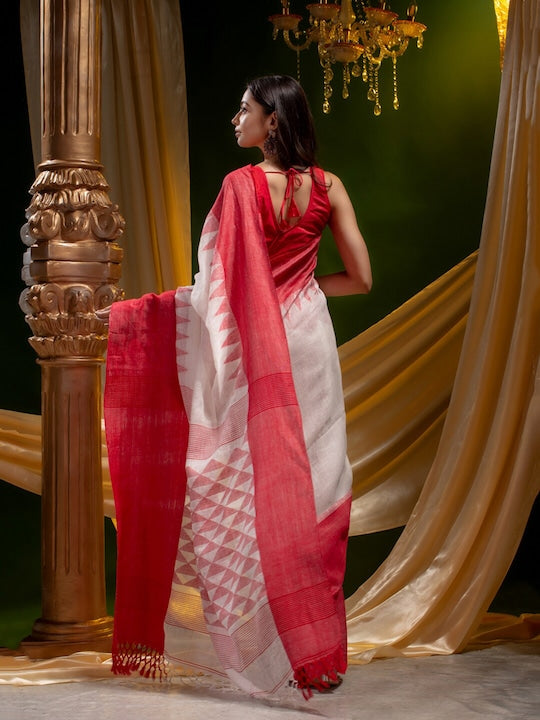 White And Pink Wedding Wear Printed Linen Saree With Blouse piece