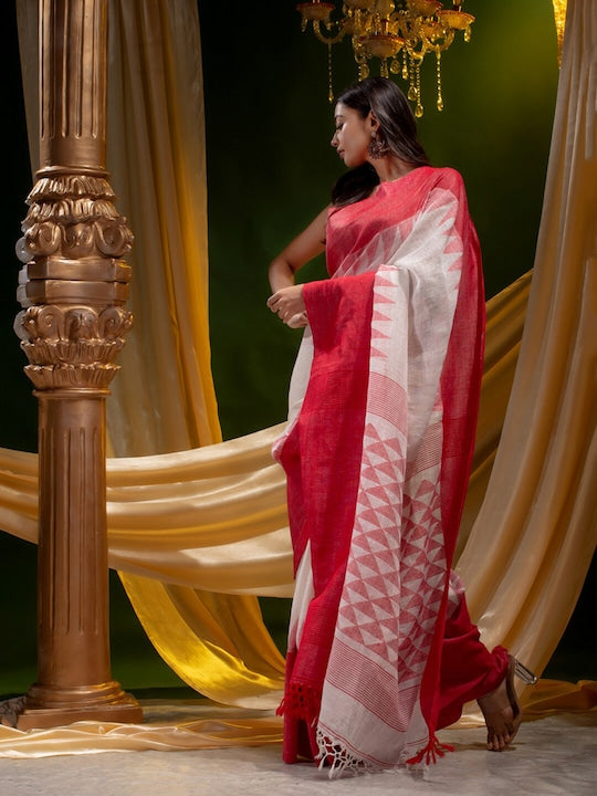 White And Pink Wedding Wear Printed Linen Saree With Blouse piece