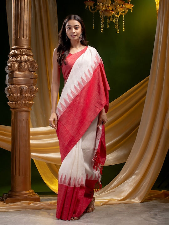 White And Pink Wedding Wear Printed Linen Saree With Blouse piece