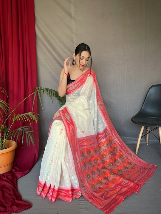 White And Pink Wedding Wear Printed Linen Saree With Blouse piece