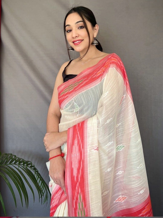 White And Pink Wedding Wear Printed Linen Saree With Blouse piece