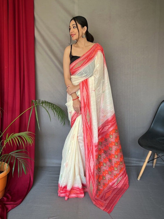 White And Pink Wedding Wear Printed Linen Saree With Blouse piece