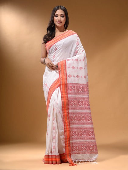 White And Pink Wedding Wear Printed Linen Saree With Blouse piece