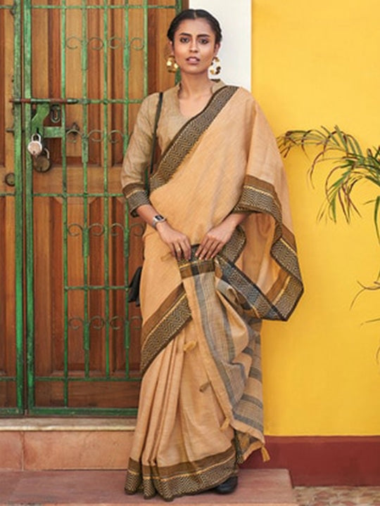 Mustard Yellow Wedding Wear Printed Linen Saree With Blouse piece