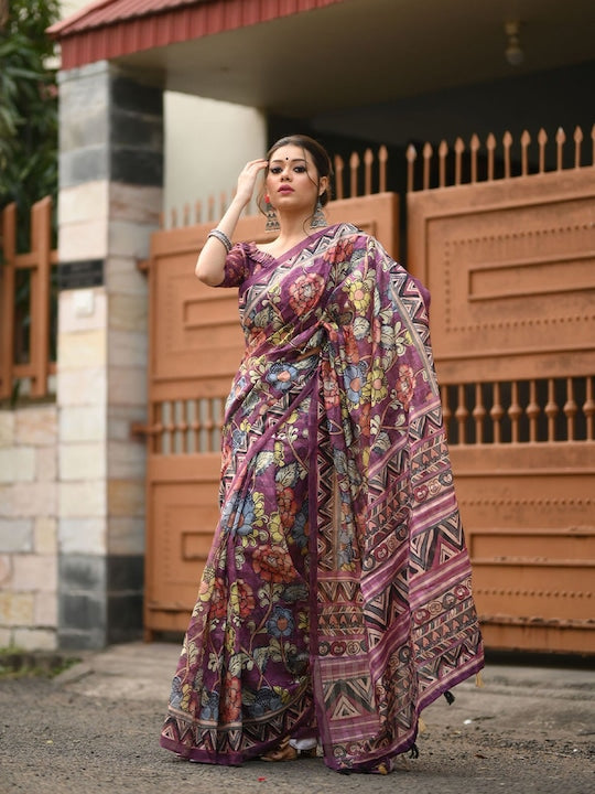 Dark Pink Wedding Wear Printed Linen Saree With Blouse piece