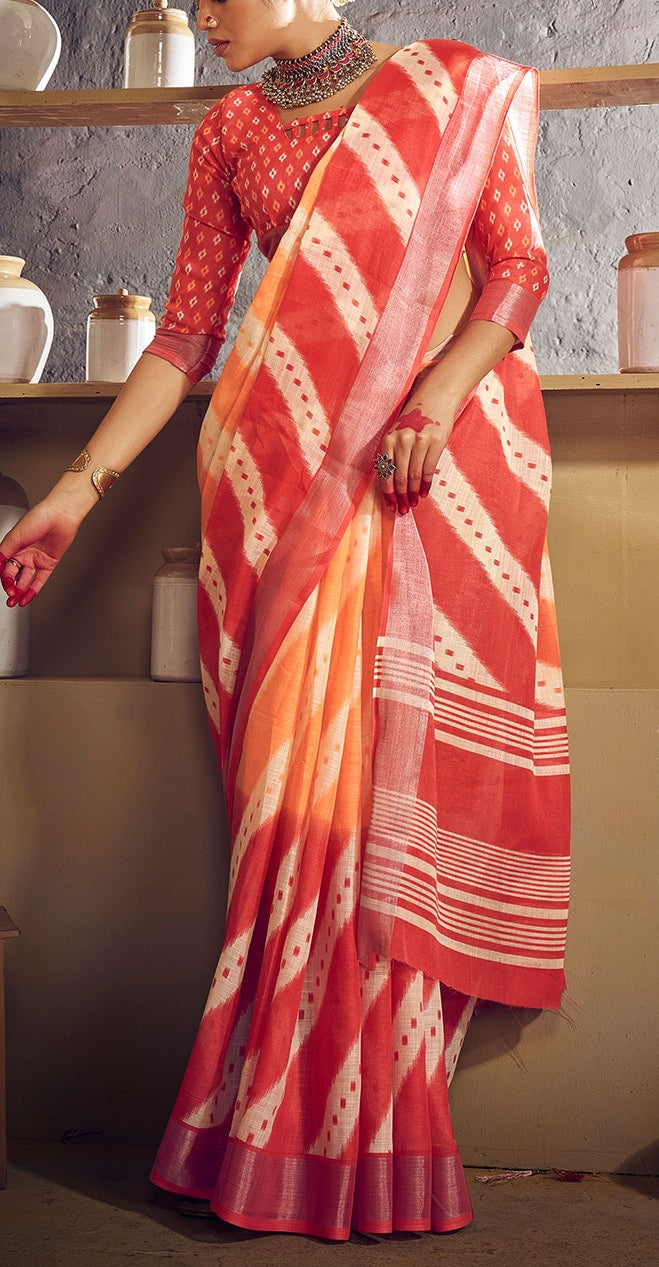 Orange And Red Wedding Wear Printed Linen Saree With Blouse piece