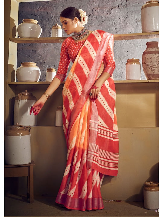 Orange And Red Wedding Wear Printed Linen Saree With Blouse piece