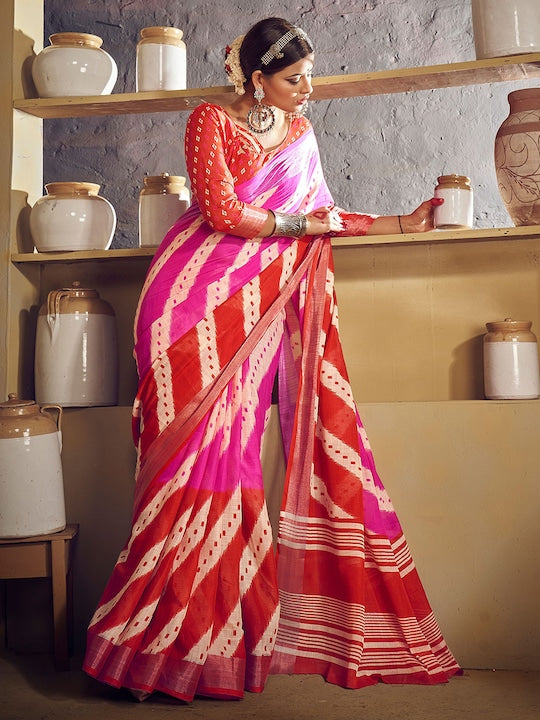 Red And Pink Wedding Wear Printed Linen Saree With Blouse piece