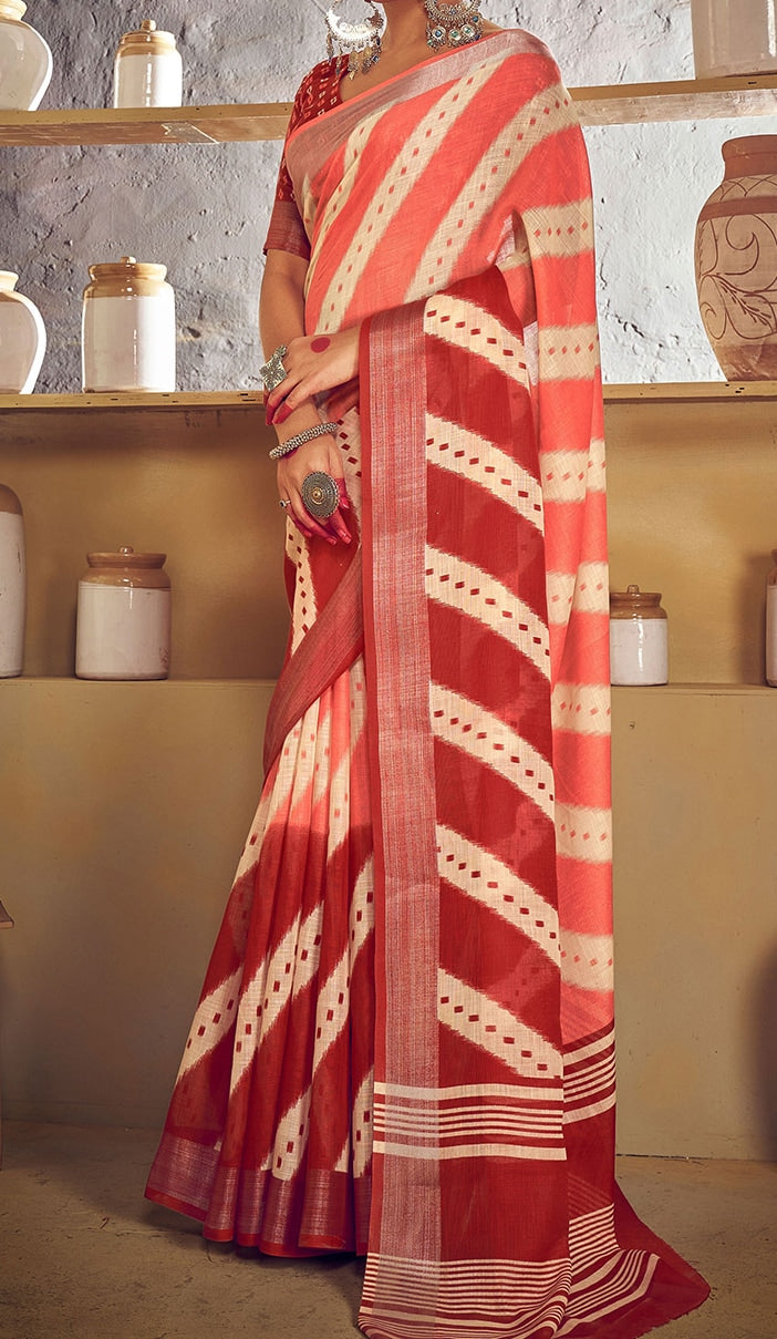 Bright Orange And Red Wedding Wear Printed Linen Saree With Blouse piece