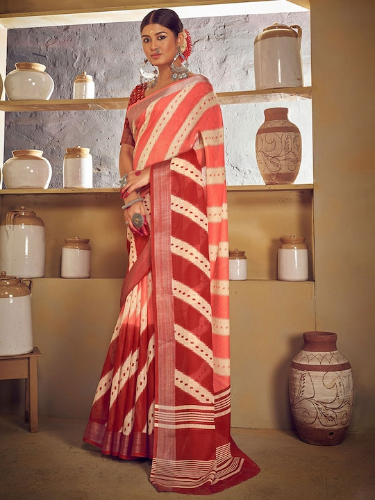 Bright Orange And Red Wedding Wear Printed Linen Saree With Blouse piece