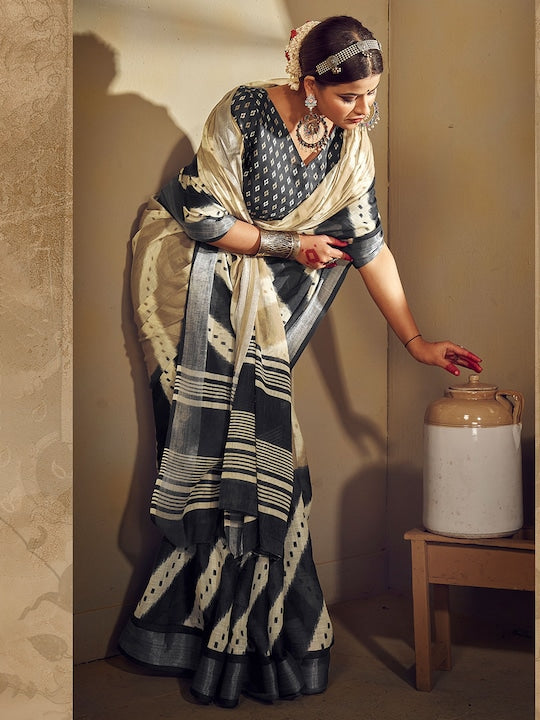 Desirable Black Pure Linen Designer Saree