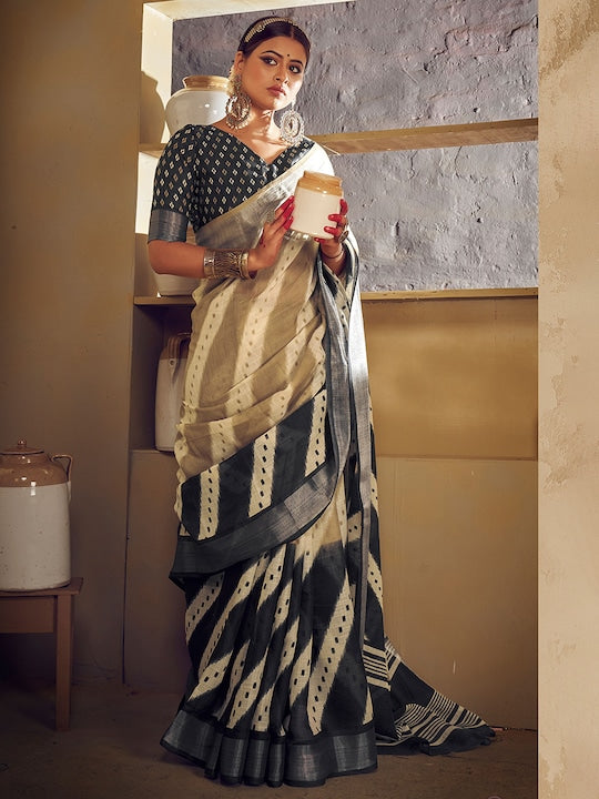 Desirable Black Pure Linen Designer Saree