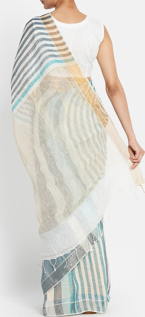 Sky Blue And White  Colour Women's Plain Linen Saree With Party Wear