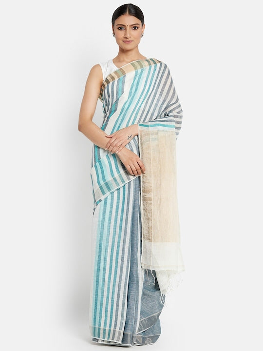 Sky Blue And White  Colour Women's Plain Linen Saree With Party Wear