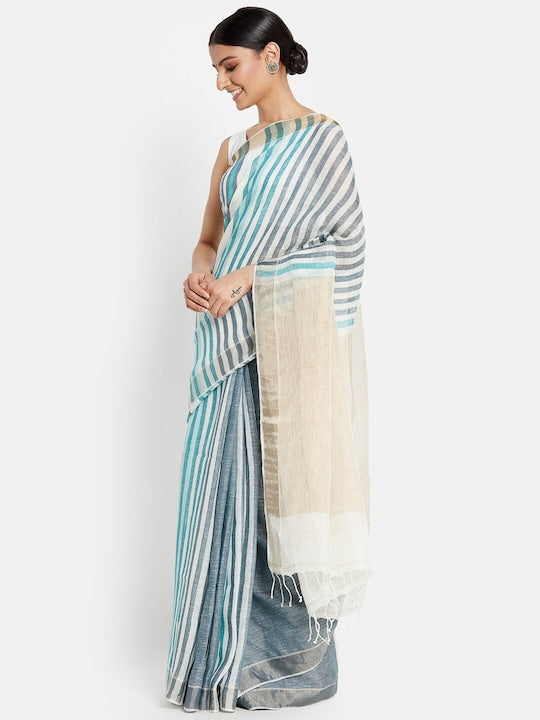 Sky Blue And White  Colour Women's Plain Linen Saree With Party Wear