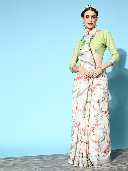 White Casual Wear Floral Printed Linen Saree