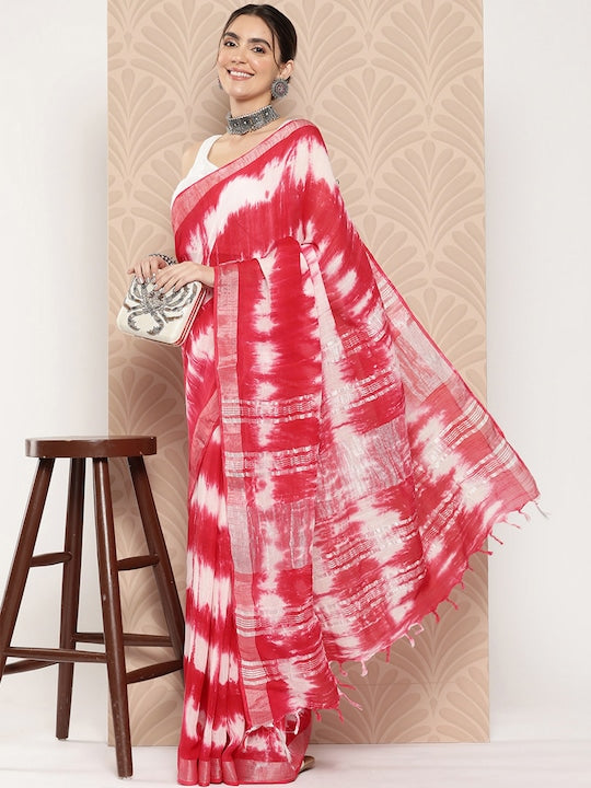 Red And White Festive Wear Printed Linen Saree