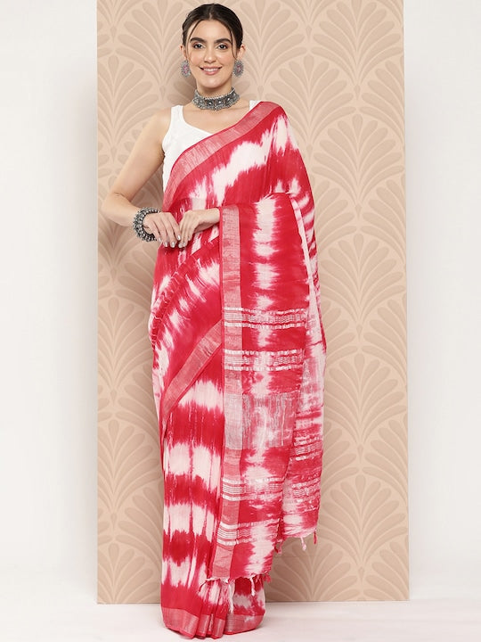 Red And White Festive Wear Printed Linen Saree