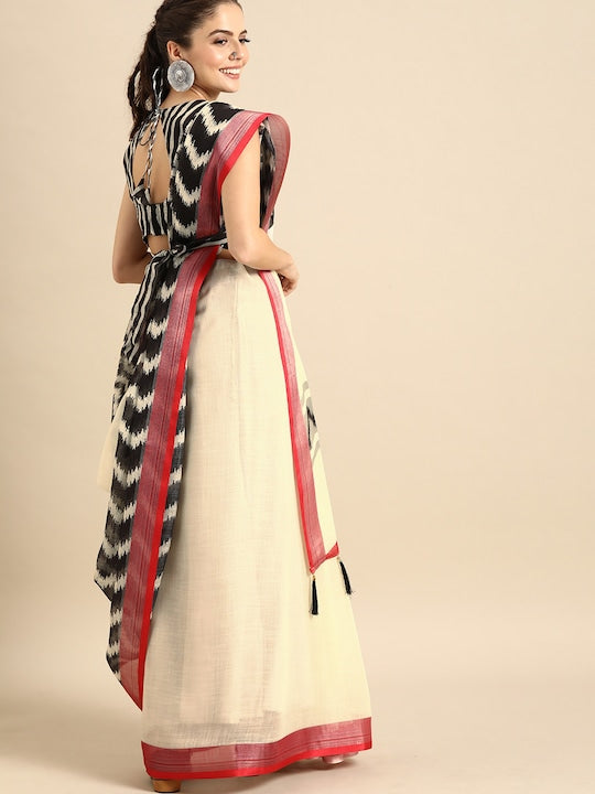 Off White Casual Wear Linen Saree