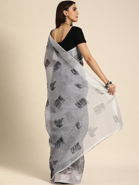 Grey Casual Wear Printed Linen Saree