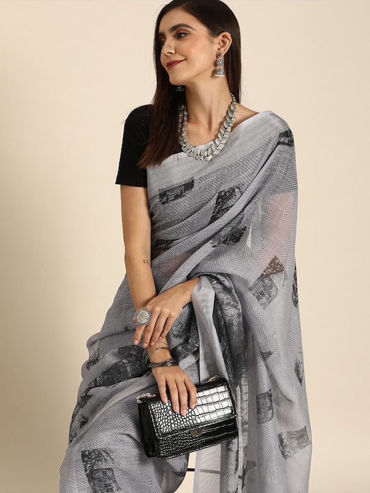 Grey Casual Wear Printed Linen Saree