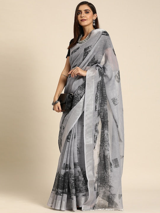 Grey Casual Wear Printed Linen Saree