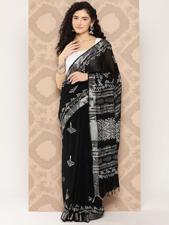 Impressive Black Coloured Casual Wear Printed Linen Saree