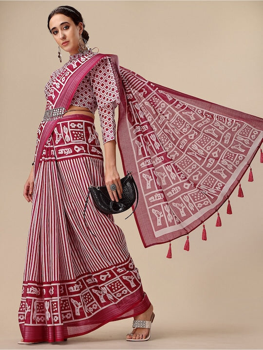 Pure Linen Saree Pink Color Festival Wear