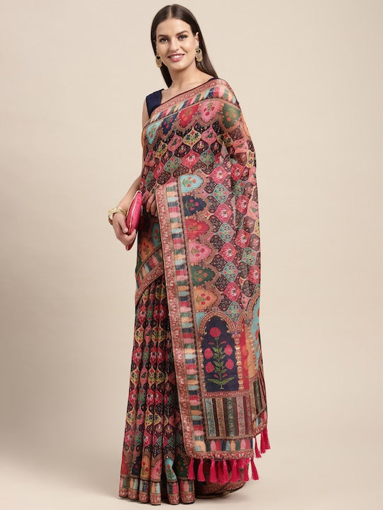 Pure Linen Saree Multi Color Wedding Wear