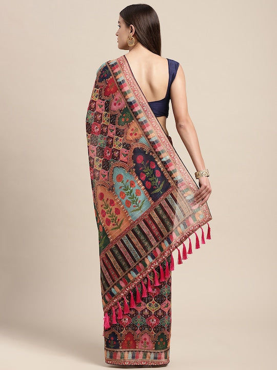 Pure Linen Saree Multi Color Wedding Wear