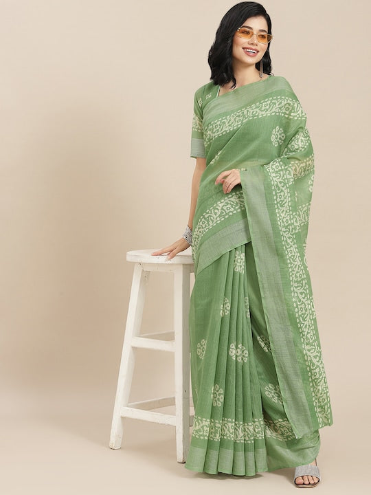 Pure Linen Saree Light Green Color Festival Wear