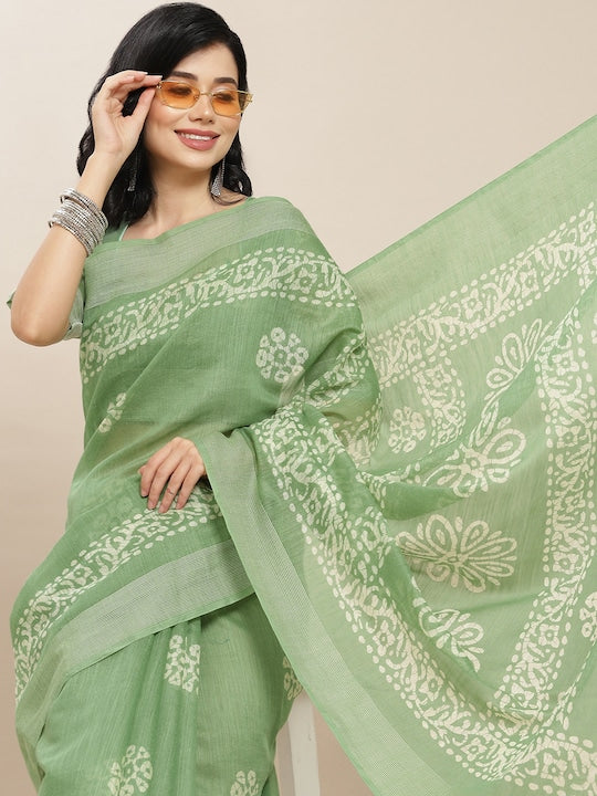 Pure Linen Saree Light Green Color Festival Wear