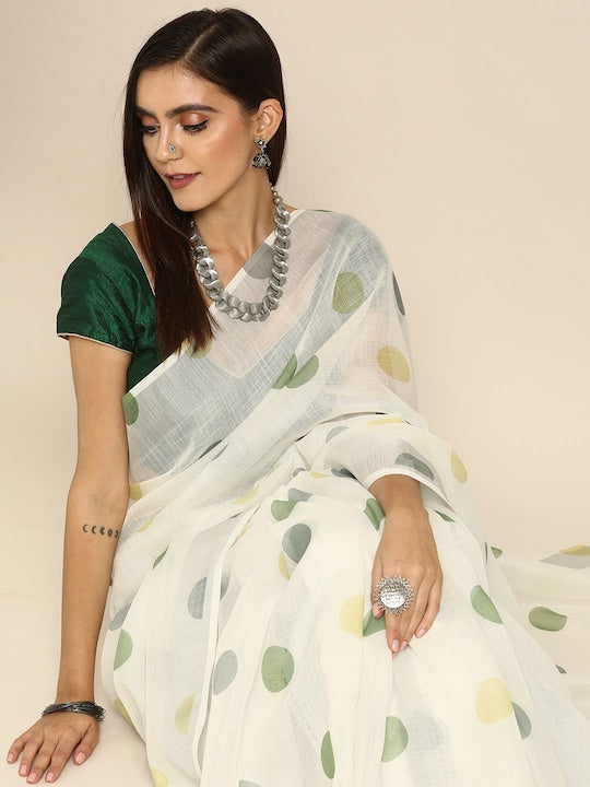 Pure Linen Saree Off White Color Festival Wear