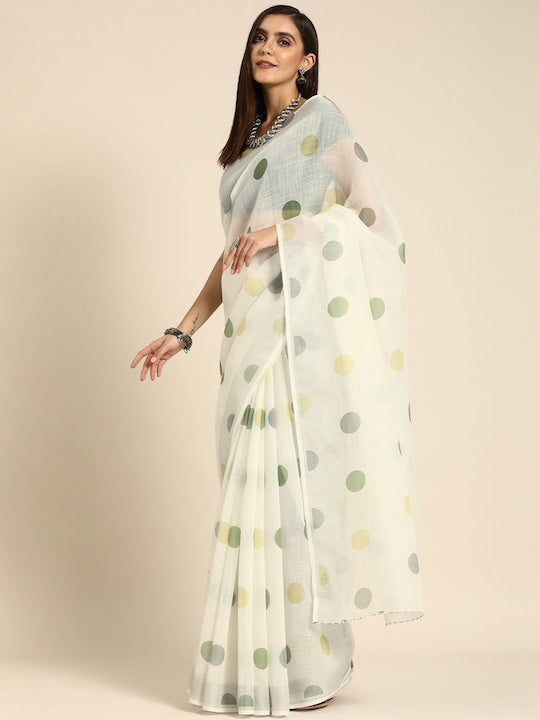 Pure Linen Saree Off White Color Festival Wear