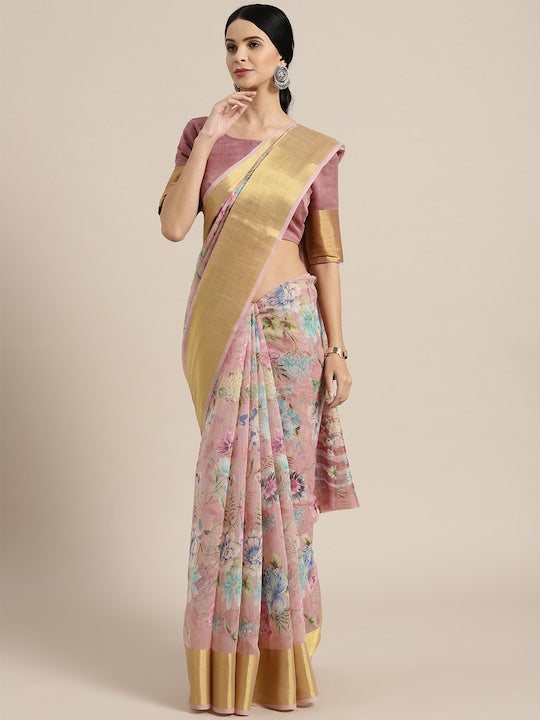 Pure Linen Saree Light Pink Color Festival Wear