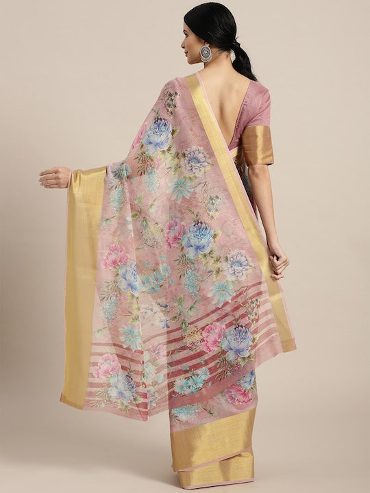 Pure Linen Saree Light Pink Color Festival Wear