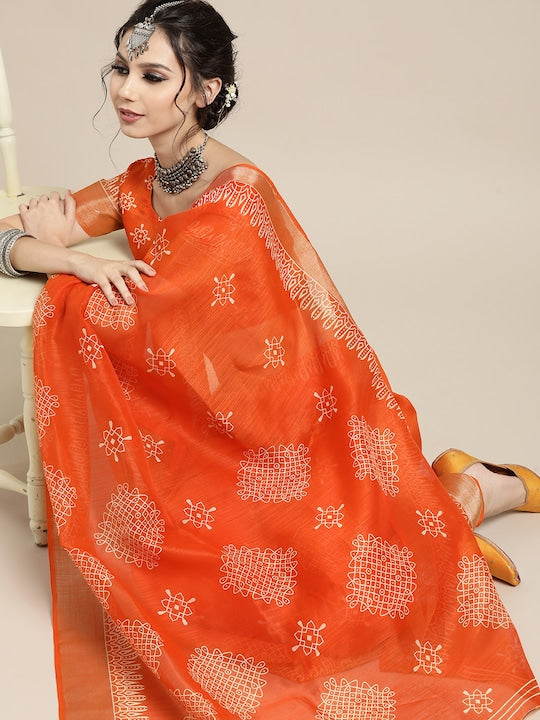 Orange Colour Linen Saree , Causal wear