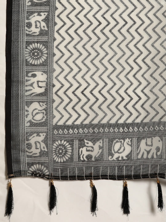 Black And White Colour Linen Saree , Causal wear