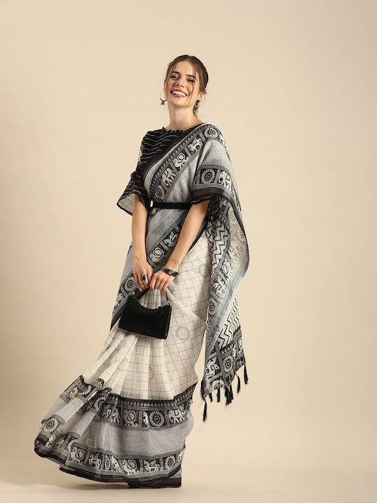 Black And White Colour Linen Saree , Causal wear