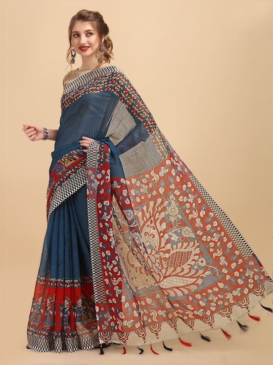 Dark Blue Colour Linen Saree , Causal wear