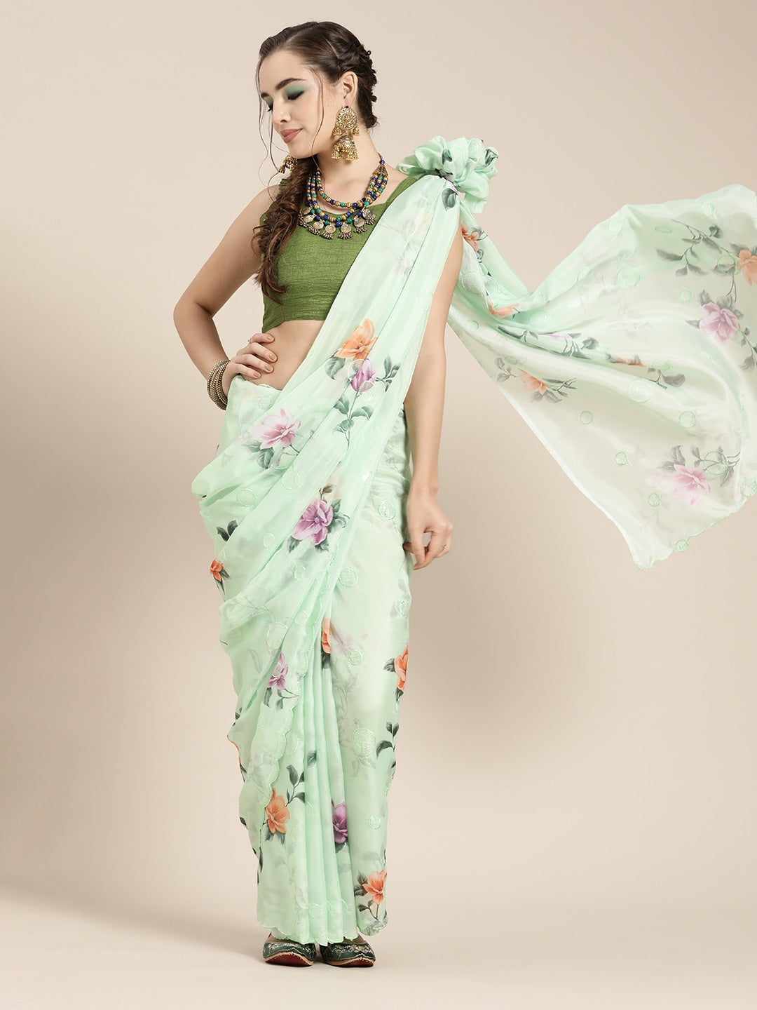 Green Colour Linen Saree , Causal wear